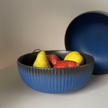 8.5-inch ceramic serve bowl with ribbed exterior and dual black-blue tones, perfect for sabzis, pulao, and cozy Indian meals