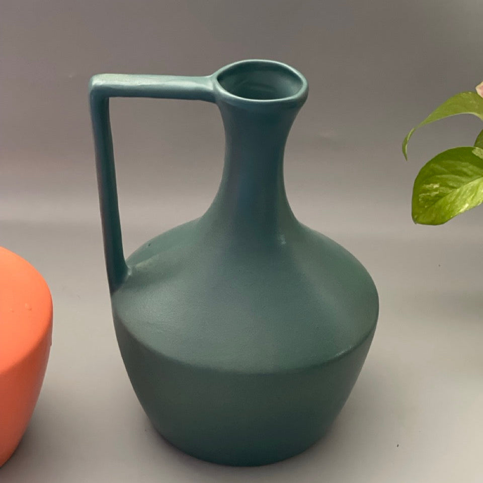 13-inch jug-style ceramic vase in orange and green tones with matte finish for home decor