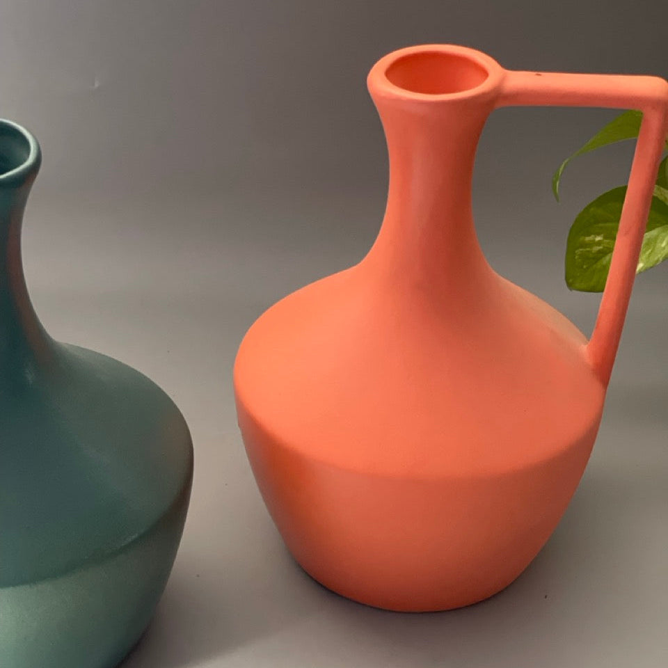 13-inch jug-style ceramic vase in orange and green tones with matte finish for home decor
